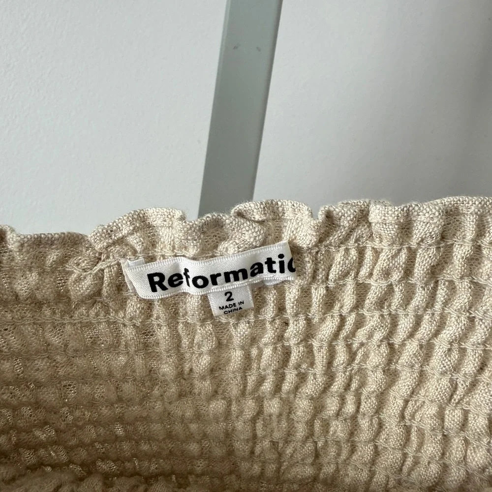 Reformation sz 2 Beige‎ 100% Linen Smocked Puff Sleeve Crop Top Blouse Cottage